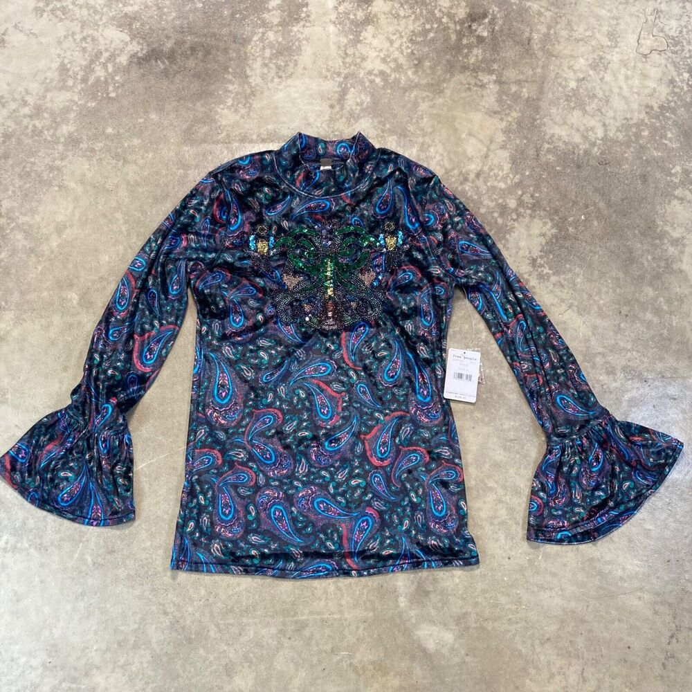 WE THE FREE Shirt Womens Large Black Multicolour Paisley L’amour Velour Bell